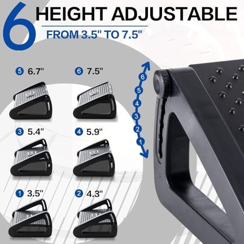 Foot Rest For Under Desk At Work - 6 Heights Adjustable Footrest Ergonomic Stools Office Desks With Massage Rollers Leg Chair (Black)