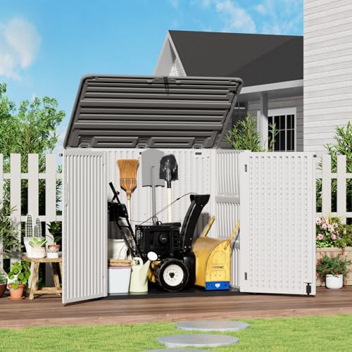 Image of ZZM Large Outdoor Storage Shed, 48 Cu Ft Resin Versatile Storage Cabinet for Patio Accessories, Trash Cans & Garden Tools, Durable Horizontal Storage Box with Lockable Lid (White)
