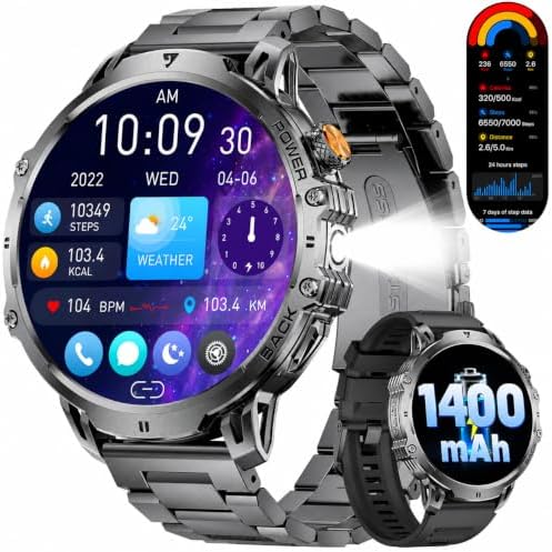 LIGE Militär Smartwatch Herren - 1400 mAh/1,85" HD Großes Touchscreen/LED-Licht, Fitnessuhr mit 110+ Sportmodi, Herz-/Schlaftracking,2 Armbändern,IP68 wasserdicht, Sportuhr für iOS