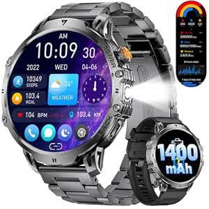 LIGE Militär Smartwatch Herren – 1400 mAh/1,85″ HD Großes Touchscreen/LED-Licht, Fitnessuhr mit 110+ Sportmodi, Herz-/Schlaftracking,2 Armbändern,IP68 wasserdicht, Sportuhr für iOS/Android, Schwarz