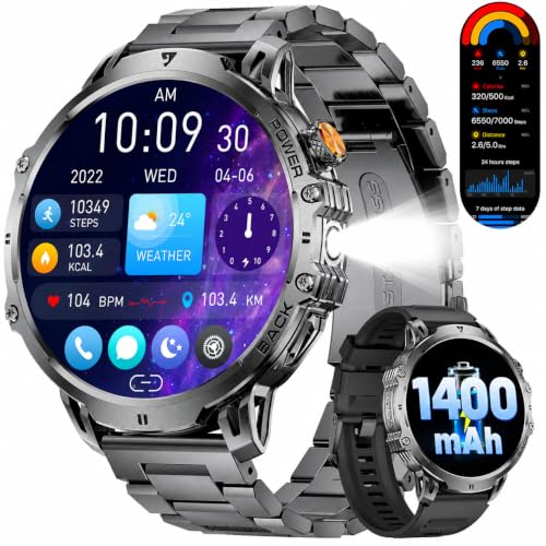 LIGE Militär Smartwatch Herren - 1400 mAh/1,85" HD Großes Touchscreen/LED-Licht, Fitnessuhr mit 110+ Sportmodi, Herz-/Schlaftracking… – Ansicht 1