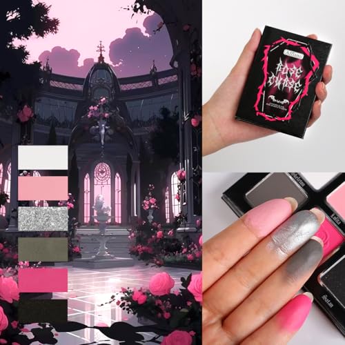 Black Pink Eyeshadow Palette, Matte Glitter White Grey Silver Goth Makeup Palette, Pigmented Long Wear Radiant Hot Pink Gothic Smoky Eye Shadow Pallet for Halloween Vampire, Witch,Lolita, Y2K, Cosplay