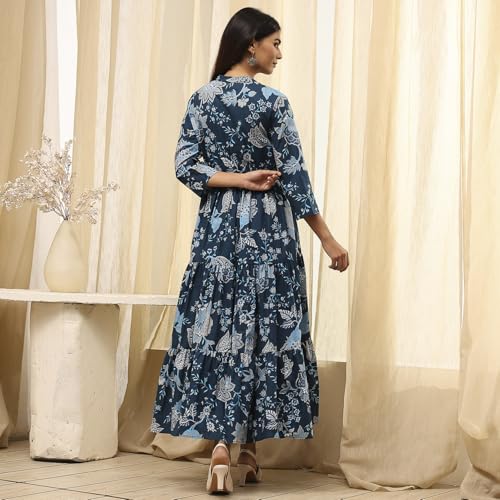 Image of Biba Women's Cotton 3 /4 Sleeves Calf Length Band Collar A-Line Floral Printed Casual Dress