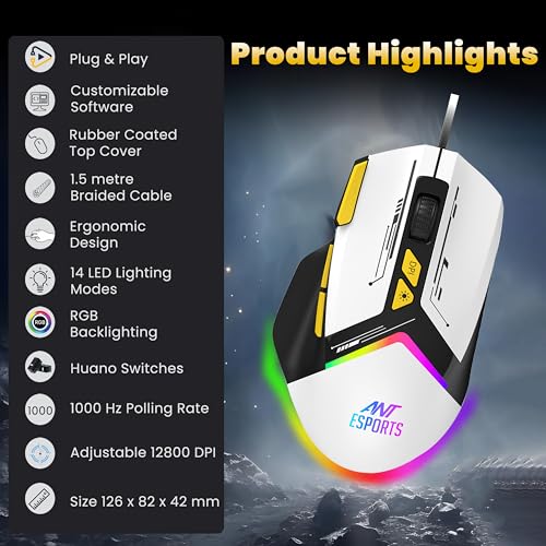 Image of Ant Esports GM333 Smartchoice Wired Gaming Mouse, 12800 DPI Optical Sensor, Ergonomic Design, RGB Lighting, Huano Switches, 1.5M Braided Cable, Inbuilt Software Support, Black /White /Yellow