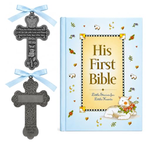 Baby Boy First Bible and 4' Pewter Baptism Guardian Angel Crib Cross (Original Version)-L8