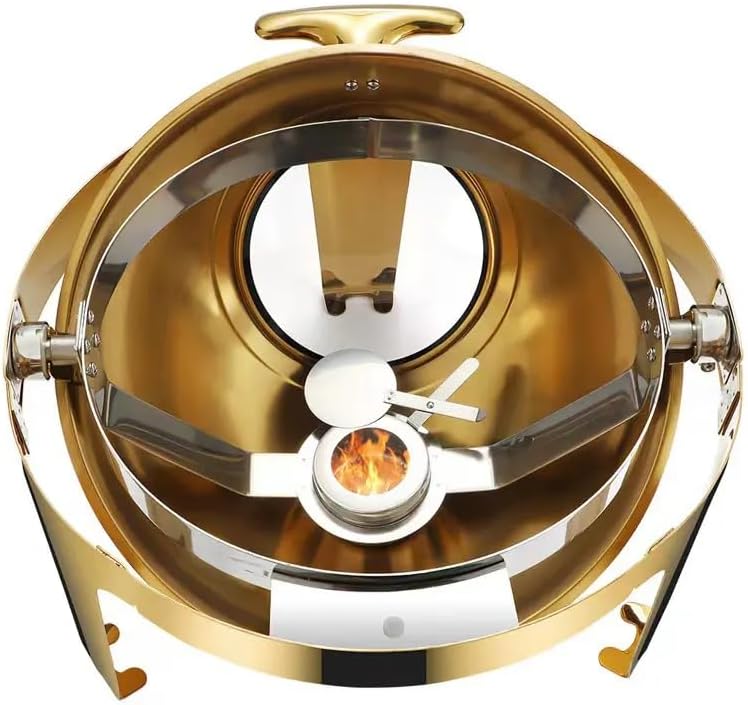 Miniatura 4 de Juego de bufé de platos redondos dorados de 6.5 cuartos de galón, de acero inoxidable para catering, calentador de alimentos con ventana de vidrio