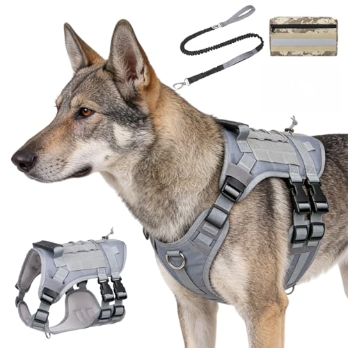 emcpter 犬 ハーネス 中型犬 大型犬 リード 胴輪 迷彩 犬用ハーネス パトロール 耐久性 のある軍用犬ハーネス強いナイロンペットベ ストワーキングドッ グトレーニングハーネ 安全 おしゃれ 引っ張り防止 ドッグ 訓練【Lサイズは胸囲72～100cm、首囲62～80cm、体重30～45kgの犬に適しています】灰色 L