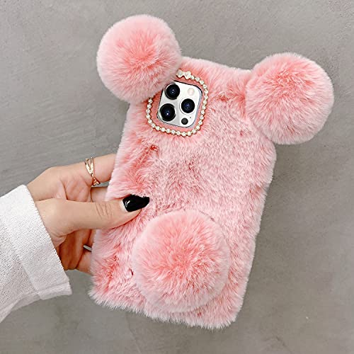 Luvi Compatible With Iphone 13 Pro Max Case Cute Plush Furry Fuzzy For Women Girls 3D Fluffy Ball Bunny Rabbit Fur Hair Girly Cartoon Bear Ear With Bling Diamond Camera Protection Phone Case Pink #TOP1