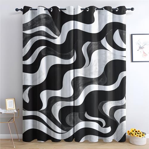 Qtjacryxen Black and White Abstract Blackout Curtains, Modern Swirl Curtains for Bedroom Living Room Decor, Art Window Curtain Drapes Grommet Thermal Insulated, 52 x 120 Inch 2 Panels Set