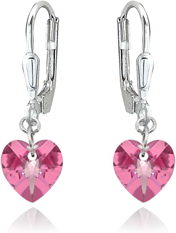 Sterling Silver European Crystal Dainty Heart Leverback Dangle Earrings for Women