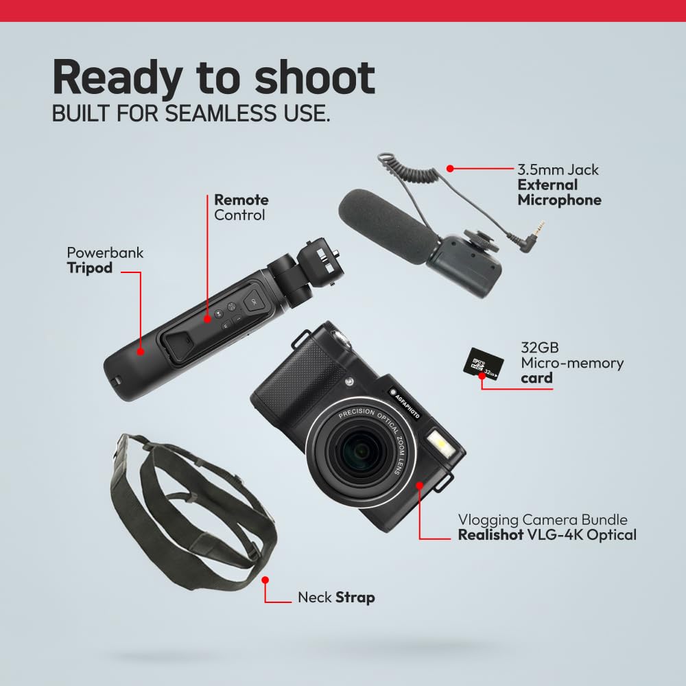 AgfaPhoto Realishot VLG-4K Kit Vlogging - Caméra 24MP, Vidéo 4K, Ecran LCD 3’’, Zoom Numérique 16X, Capteur CMOS, Batterie Lithium - Noir