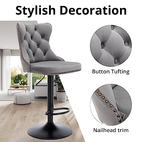 Swivel Bar Stools Set of 2, Adjustable Counter Height Barstools with Nailheads Trim, Button Tufted Back and Black Footrest, Velvet Upholstered Bar Chairs for Dining Room Home Bar Kitchen Island, Gray