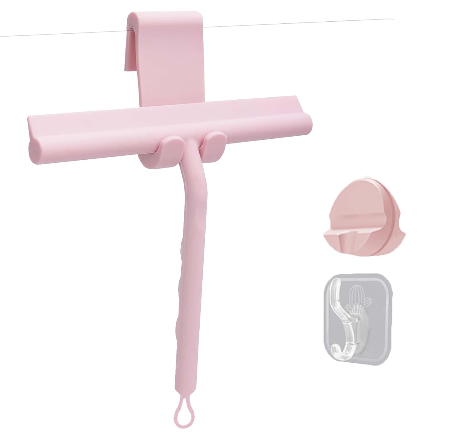 Squeegee for Shower Glass Doors, Resilient Loop - No-Drill &amp; Adhesive Hook, Silicone Shower Squeegee with Stainless Steel Core, Cleaning Tool for Home, Kitchen, Bathroom &amp; Car - Pink