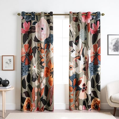 Boho Floral 100% Blackout Curtains 84 inch Long for Bedroom Black Out Thermal Insulated Drapes Sage Green Flower Patterned Full Light Blocking Window Treatment for Living Room 2 Panels 52 x 84 Inch