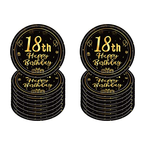16 PCS Assiette Jetable 7 Pouces,Assiette Anniversaire Noir Gold,Decoration Anniversaire 18 Ans,Assiette Dessert Jetable pour Fêtes Joyeux Anniversaire Decoration,Kit Vaisselle Jetable Anniversaire