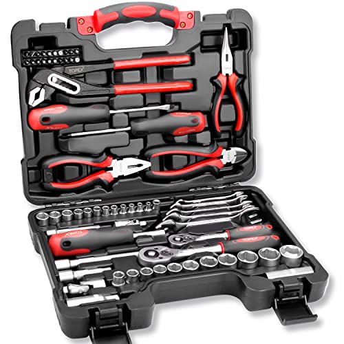 TOPEX 65-Piece Household Hand Tool Set Portable Home Auto Repair Kit Premium Quality w/Pliers, Screwdriver Kits Toolbox Storage Case/Mechanic Hand Tool Set for Home Repair Maintenance