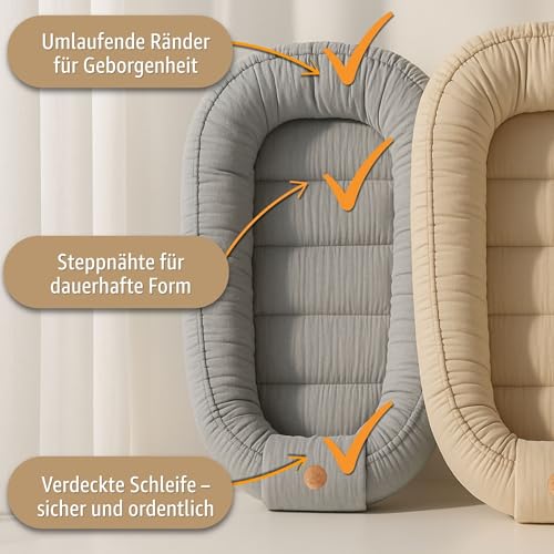 Miniatura 5 de Muselina Nido Bebé Recién Nacido 90x50 Cm - Capullo De Colecho Reductor Cuna Algodón Cuco Ideal Para Góndola Moisés Y Viaje Perfecto Para Niños Y Niñas Gris