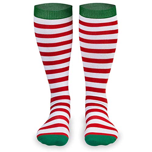 Gone For a Run Knee High Half Cushioned Athletic Running Sock | Running Christmas Elf (Red and White Stripes/Green) one size fits all