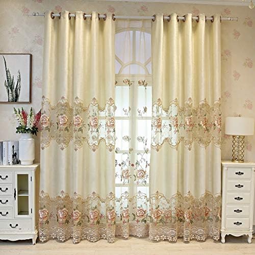 Floral Curtains Embroidered Curtains for Living Room Luxury Curtain Light Filtering Thermal Insulated Curtain Grommet Window Drapes for Sliding Glass Door 1 Panel Beige W39 x L84 inch