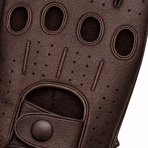 Riparo Leather Fingerless Driving Gloves for Men – Perforated Half Finger Leather Gloves for Driving, Motorcycle Riding & Cycling – Classic Snap Closure, Breathable Grip Control (X-Small, Brown)