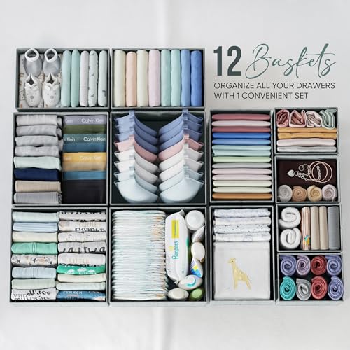 Drawer Organizer Clothes Set of 12 Grey - Dresser Organizer For Nursery, Bedroom, Closet - The Perfect Baby Clothes Organizer and Storage & General Nursery Organization or Dresser Drawer Organizers - Image 3