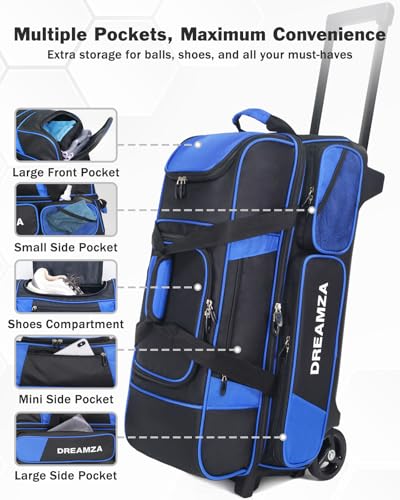 DREAMZA 3 Ball Bowling Bags with Wheels & Shoe Pocket, Premium Bowling Ball Bag 3 Ball Roller, Effortless-Rolling 3 Ball Bowling Bag w/Multi-Storage Pockets & Telescopic Handle Extends to 40\'\' (Blue) - Thumbnail 2