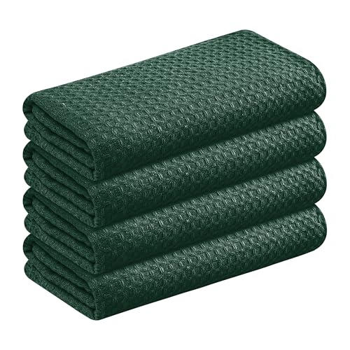 Image of Forest Green Kitchen Towels - Waffle Weave, 100% Cotton, Soft & Absorbent, Fast Dry, Durable, 16x26 Inches, Perfect for Dish Drying, Cleaning, and Everyday Use, Set of 4, Olive Green