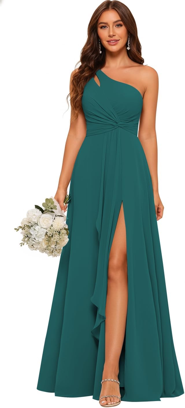 One Shoulder Bridesmaid Dresses for Women Chiffon Ruffles Pleated Long Formal Evening Gown with Slit