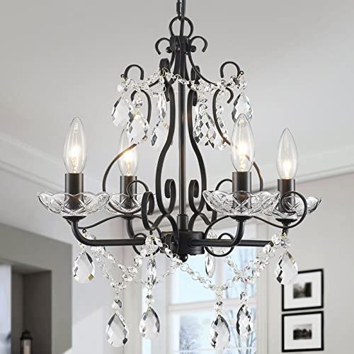 WUZUPS Crystal Candle Chandelier Pendant Flushmount Ceiling Light Modern Lighting Fixture for Bedroom Hallway Bar Kitchen Bathroom, H 14" x W 16", Black, E12 Base by WUZUPS - Used condition - US$56.99