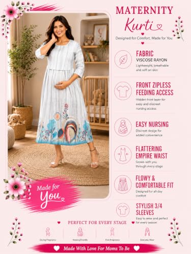 Image of RITIJYA Zipless Feeding Kurta Dress for Women | Maternity Nursing Kurti, No-Zip Easy Access | Extra Pleats Pre to Post Pregnancy | Quick-Dry Fabric | S-4XL