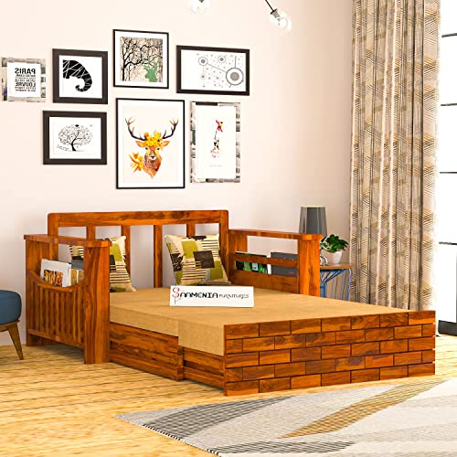 Image of Mamta Furniture Solid Sheesham Wood Sofa Cum Bed Furniture Set with Storage and Cushions for Living Room | Bedroom | Drawing Hall Honey Finish Queen