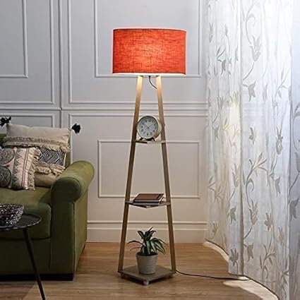 Lamp Crafts Floor Lamp in Solid Wood & Natural Wood with Shelf Blue Shade for Living Room,Bedrooms, Colour (Red)
