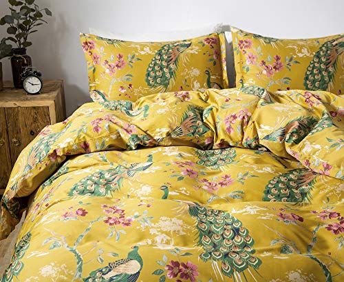 Eikei Chinoiserie Chic Peacock Floral Duvet Cover Paradise Garden Botanical Bird And Tree Branches Vintage Stylized Long Staple Cotton Bedding Set (King, Citrine) #TOP1