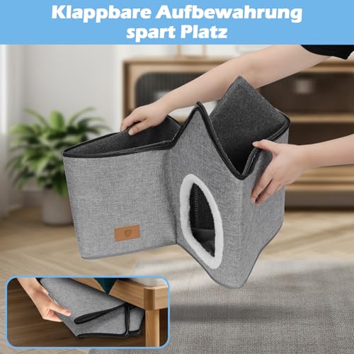 Eukue Katzenhaus, Warm Katzenhöhle Outdoor, Abnehmbar Hundehütte mit Waschbarem Kissen und Plattform, Katzenhöhle für Draußen, Katzenhaus Höhle für Kleine und Mittlere Haustiere, Grau