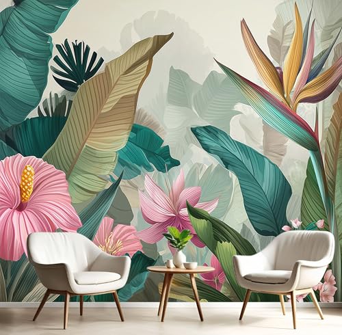 Fotomurales hibisco hojas de plátano 200x140cm papel pintado decorativo para sala y comedor 2
