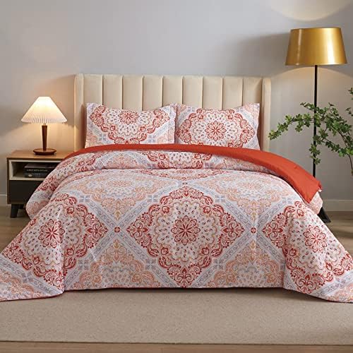 Koniroom Paisley Comforter Set Queen Size - Reversible Soft Printed Floral Medallion Down Alternative Geometric Bedding Sets 3 Pieces for All Season（ Orange, 90x90 Inches