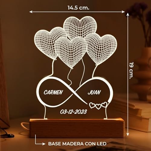 Miniatura 2 de Transparent Gift Lámpara Del Amor Personalizada Infinito Con Corazones. Con Nombre Pareja Y Fecha. Regalos Originales Para San Valentín, Bodas, Cumpleaños. Metacrilato Y Madera