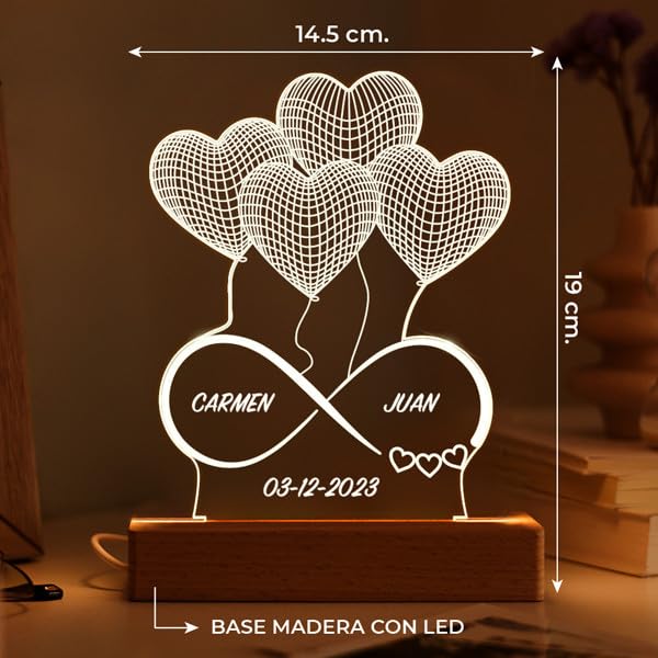 Transparent Gift Lámpara Personalizada con Nombres y Fecha Infinito Corazones. Lámparas Personalizadas con Luz LED. Regalos para Parejas. Regalos Personalizados para San Valentín. Regalos para Bodas