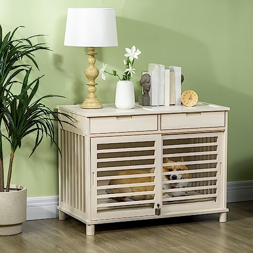 Pawhut Dog Crate Furniture With 2 Storage Drawers, Wooden Dog Crate End Table Indoor With Water-Resistant Cushion, Double Doors For Medium Dogs #TOP1