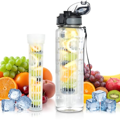 OTraki Trinkflasche 1L Wasserflasche Tritan BPA-Frei Sportflasche mit Sieb Auslaufsicher Sichere Verriegelung Water Bottle für Kinder Fitness Gym Outdoor Schule und Büro (Schwarz)