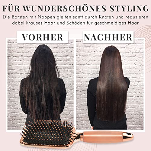 Foto von Haarbürste ohne Ziepen - Bürste zum Entwirren - Frauen Geschenk - Paddle Brush - Angenehme Borsten für die Haare & Kopfhaut - Bürste für alle Haartypen (Roségold & Schwarz)