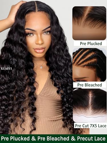 Image of KLAIYI Water Wave Bye Bye Knots Glueless Wig Human Hair 7x5Precut Lace Front Pre Plucked Bleached Wear and Go Wig with Curly Baby Hair Drawstring 3S Ready to Go Pre Everything Beginner Friendly 24Inch