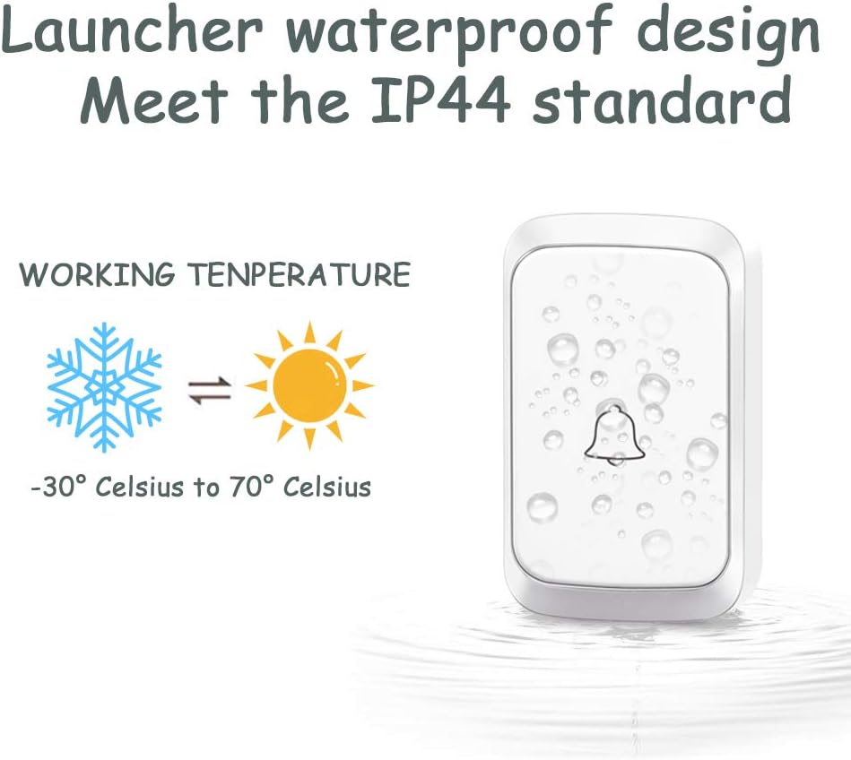 Waterproof doorbell transmitter with water droplets, indicating IP44 rating and working temperature range from -30°C to 70°C.