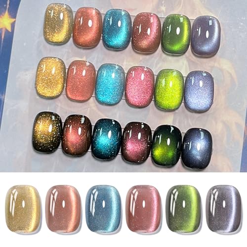 Born Pretty Pintauñas Semipermanentes Ojo de Gato, 6 Colores Gel Nail Polish Púrpura Verde Rojo Azul Naranja Amarillo Purpurina Soak Off U V/LED para Salón DIY Hogar