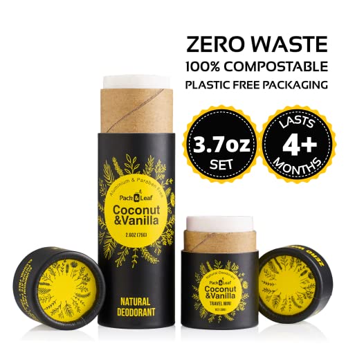 Natural Deodorant Stick Set, Aluminum Free & Zero Waste Deodorant With Full & Travel Size, Coconut & Vanilla, For Women & Men, Vegan & Cruelty Free, Plastic Free & Eco Friendly (Total 3.7Oz) #TOP1