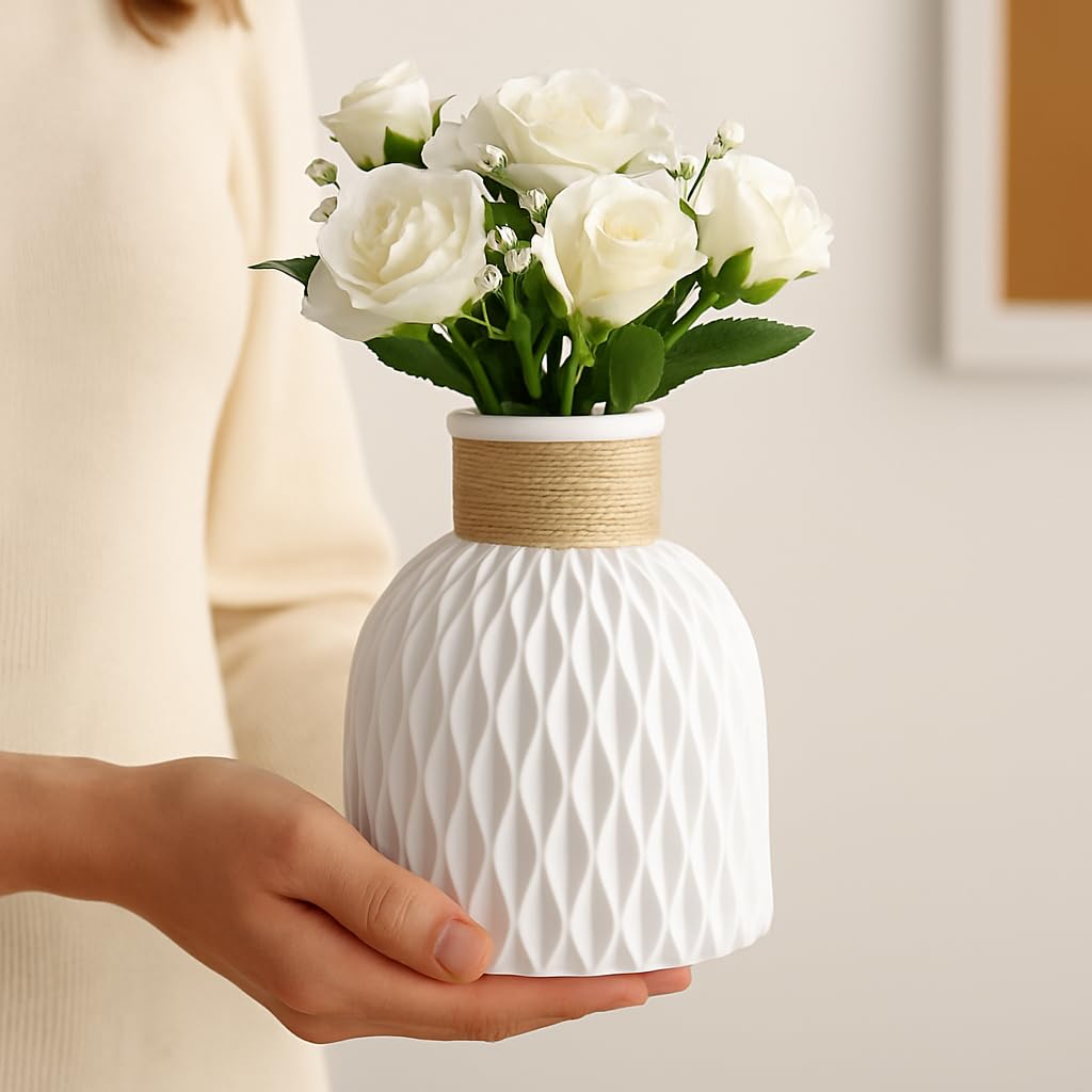Vendola Plastic Pineapple Shape Decorative Vase with Jute Rope Top | Ceramic Look, Unbreakable Flower Pot for Centre Table, Balcony & Living Room Decor | Only Vase (No Flower) (White)