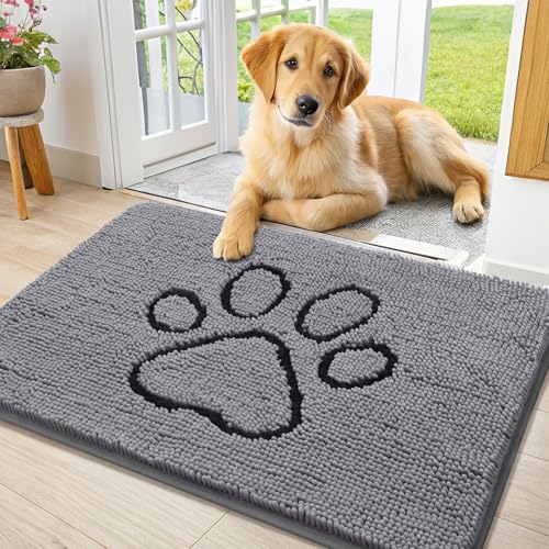 Image of Smiry Dog Door Mat for Muddy Paws, Absorbent Dirt Trapper Non Slip Quick Dry Washable Chenille Mat for Mud Dogs, Entry Rug for Indoor and Outdoor (34x21 Inches, Grey and Black)