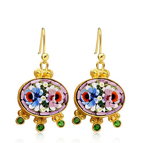 Sterling Silver 925k Unique Hand Carved Venetian Handset Micro Mosaic W/Chorme Diopside Earrings 24k Gold Vermeil