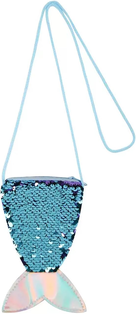 Glitter Sequins Mermaid Tail Coin Purse Small Zipper Coin Wallet Pouch Mini Crossbody Shoulder Bag Dress-Up Party Favors Bag (Purple)