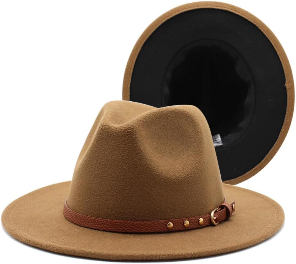 Wool Fedora Hat with Red Interior, Brown Leather Band, Wide Brim